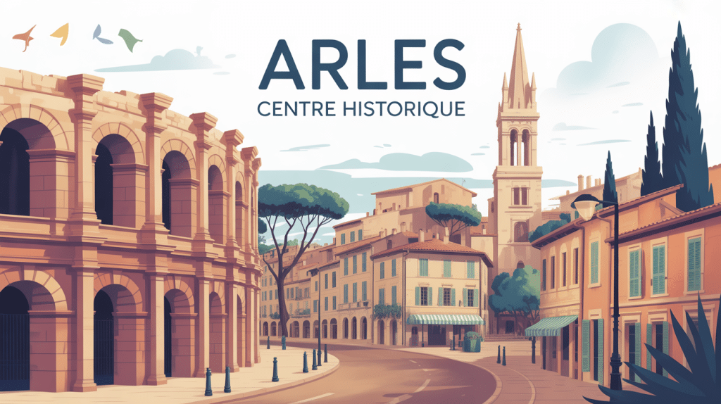 Vue stylisée arles centre historique avec arènes et places