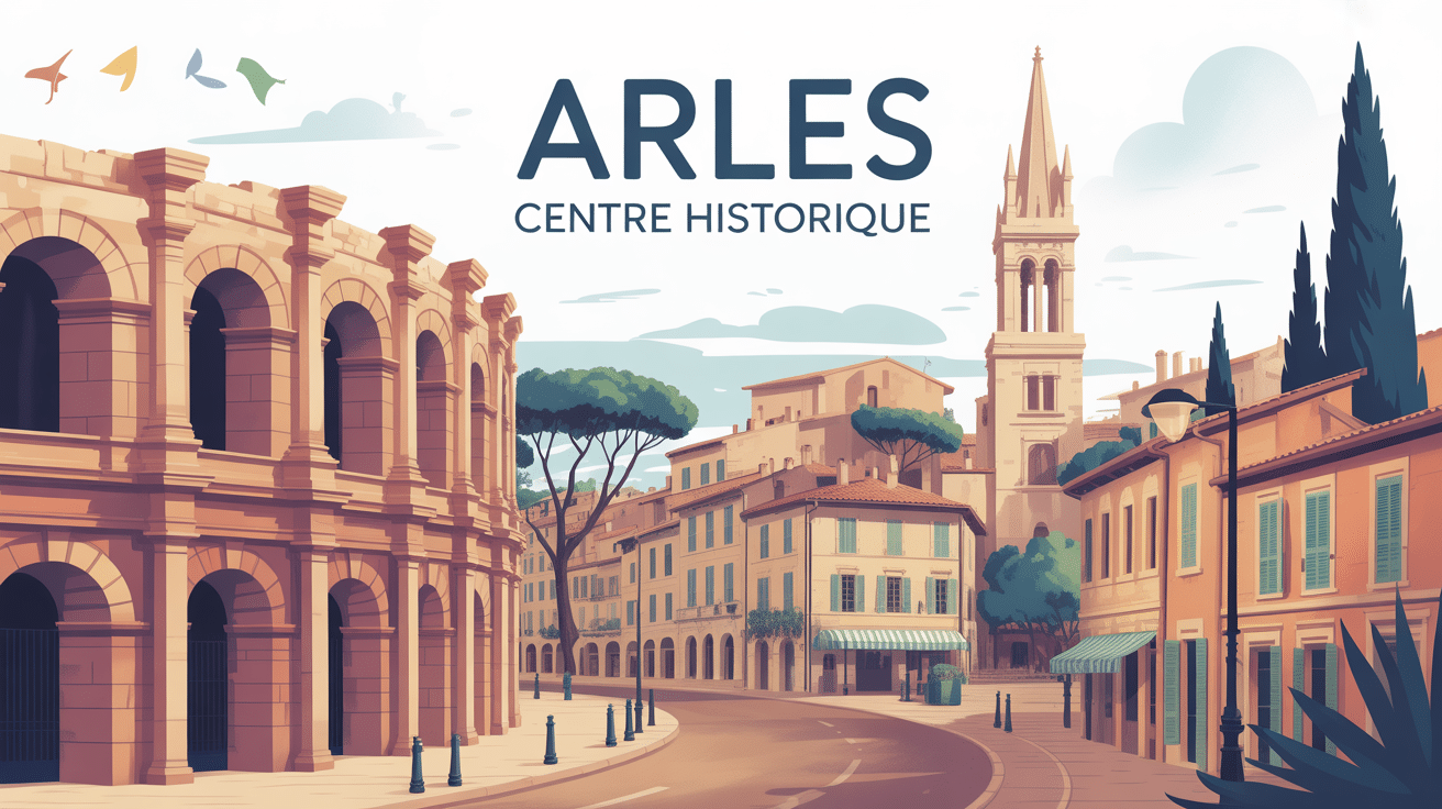 Vue stylisée arles centre historique avec arènes et places