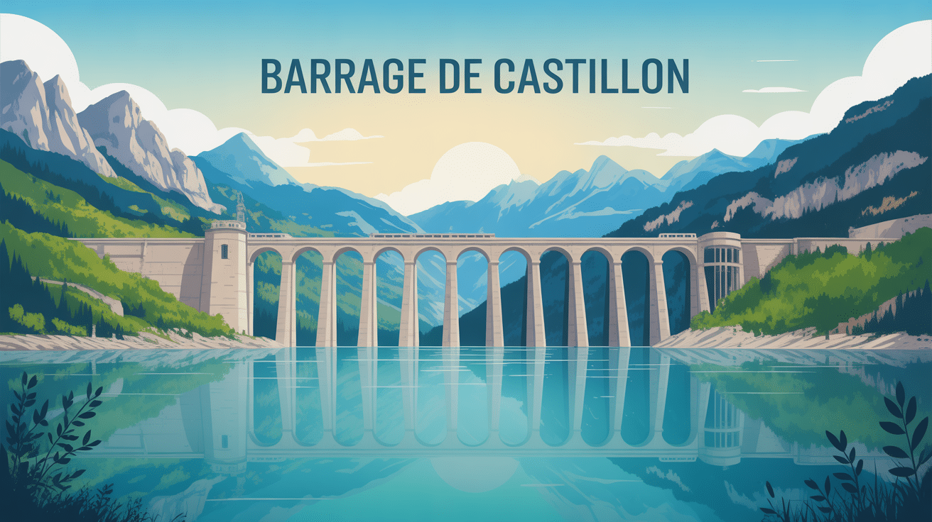 vue globale barrage de Castillon lac et montagnes Verdon