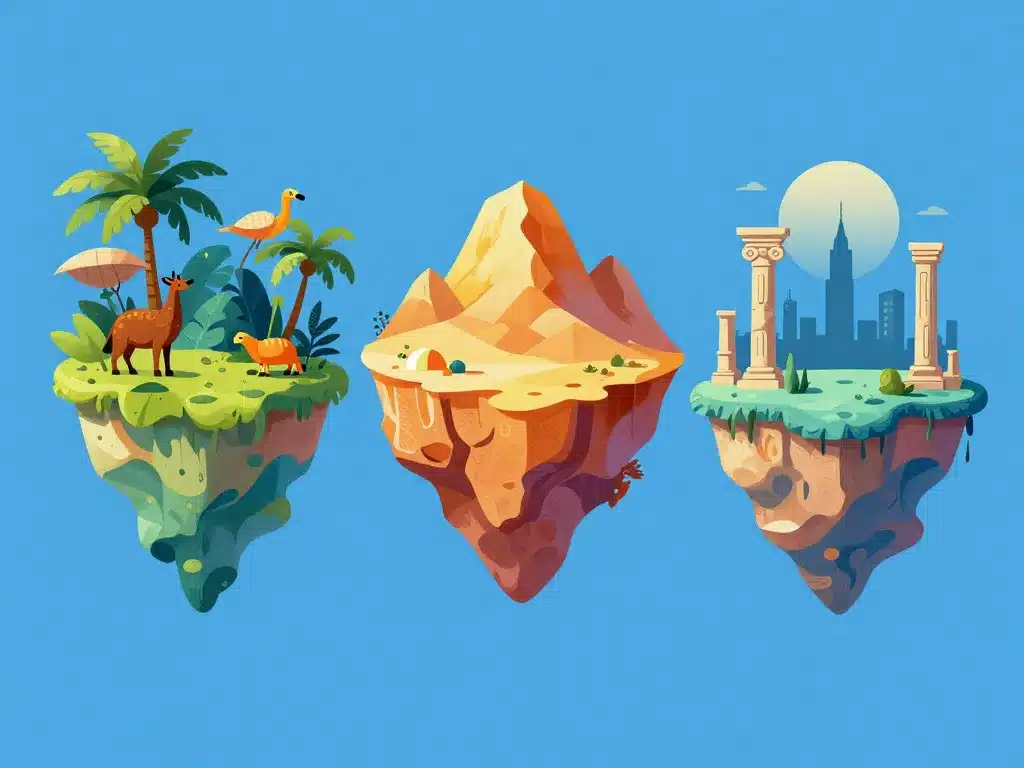 Pays par m, contraste pays îles, désert, ruines