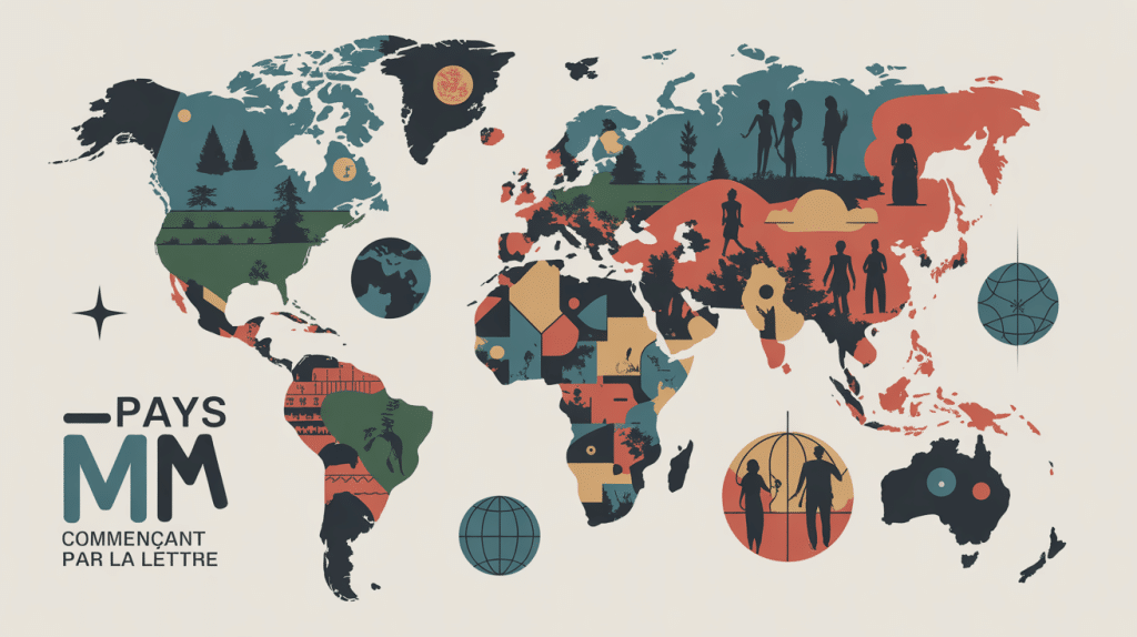 Pays par m, illustration stylisée des pays du monde