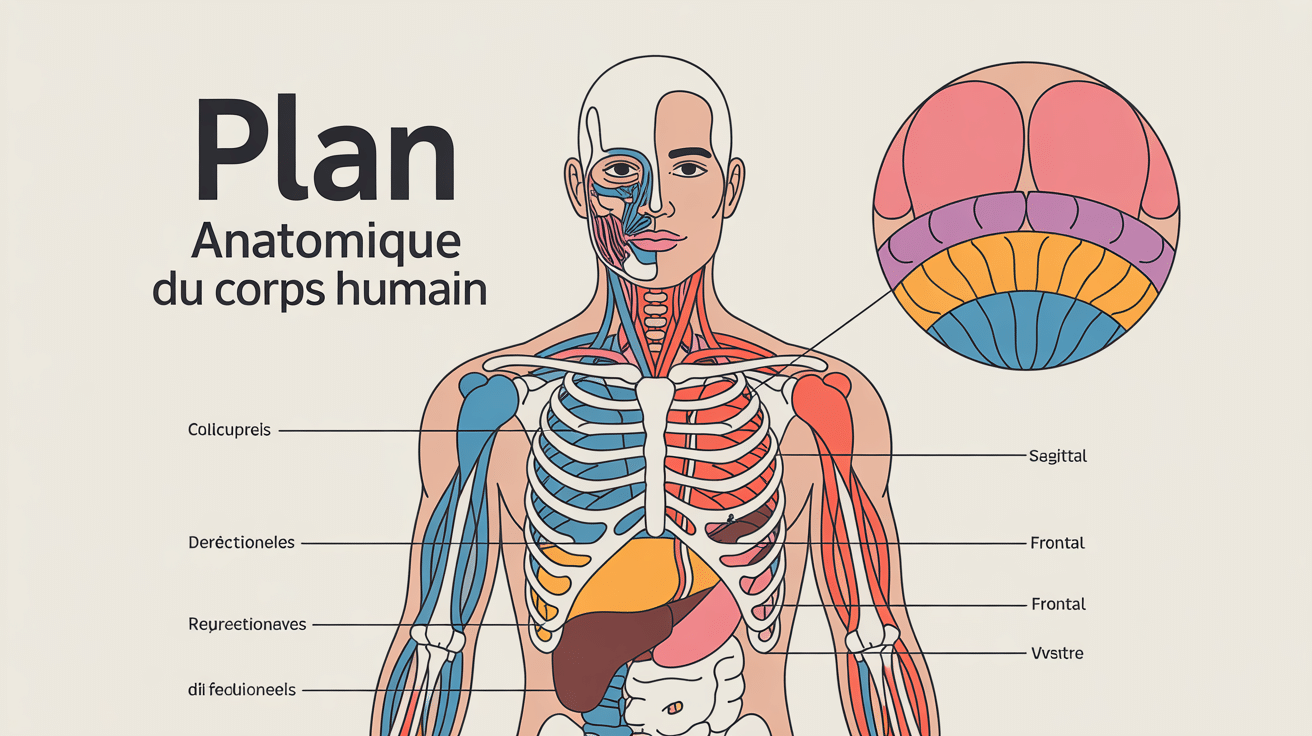 Plan anatomique du corps humain avec découpes et repères directionnels