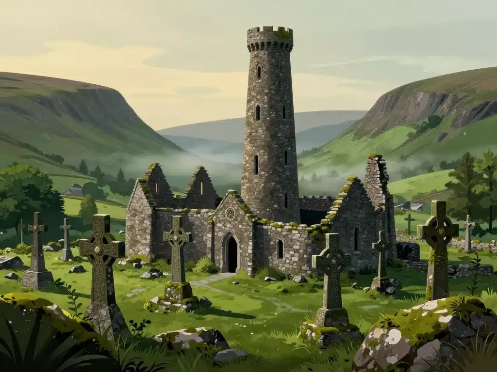 Glendalough comté de Wicklow Irlande, tour ronde et ruines monastiques