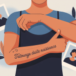 tatouage date de naissance sur avant-bras, éléments de mémoire, illustration épurée