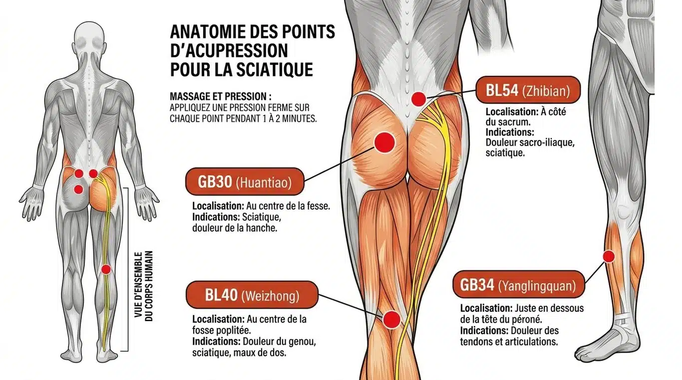 Schéma anatomique localisant les points d'acupression GB30, BL54, BL40 et GB34 pour soulager la sciatique