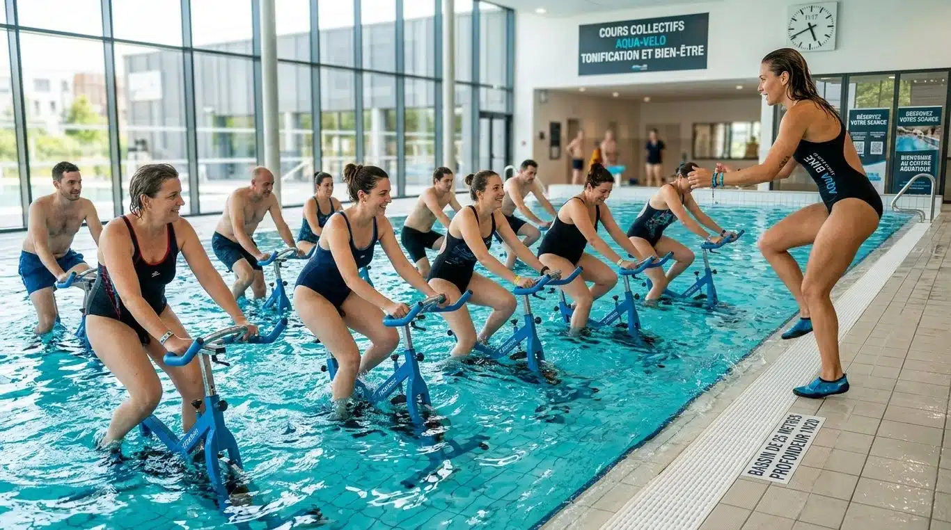 Personne pratiquant l'aquacycling dans une piscine