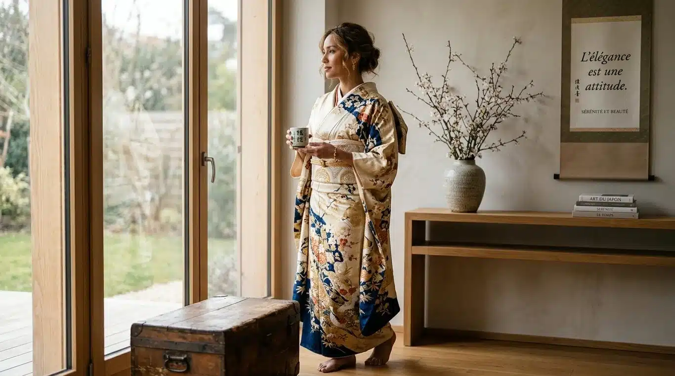 Personne portant un kimono en soie élégant dans un intérieur lumineux