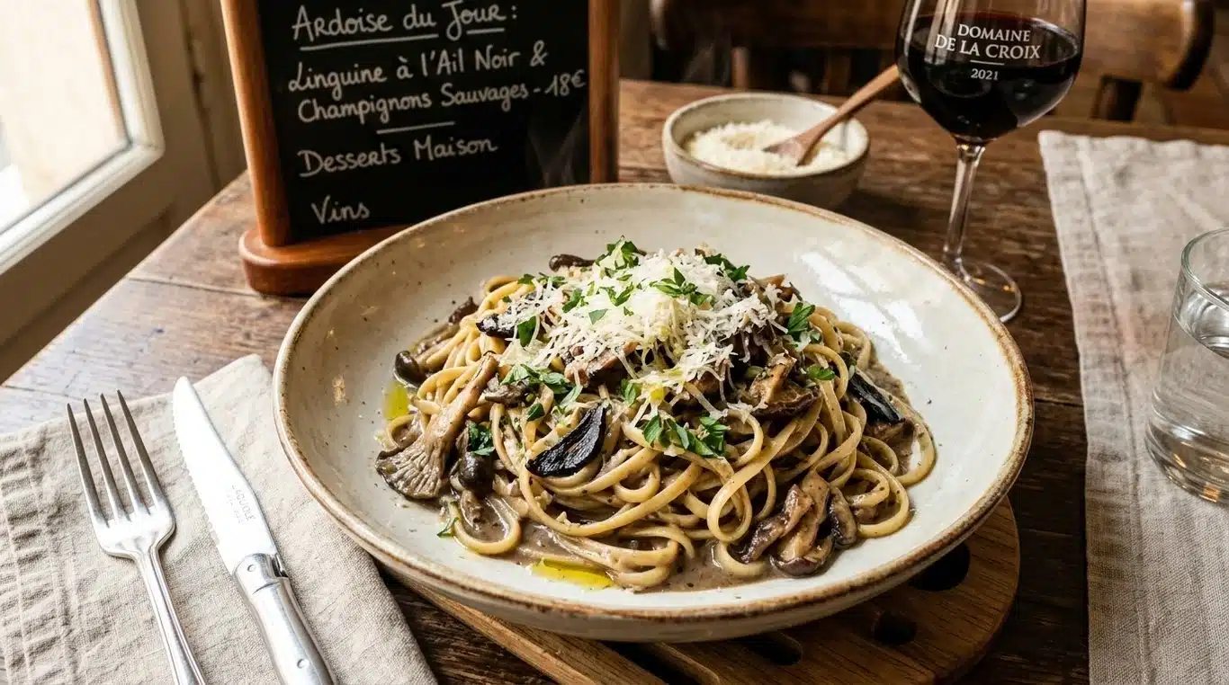 Linguine crémeuses à l'ail noir et aux champignons