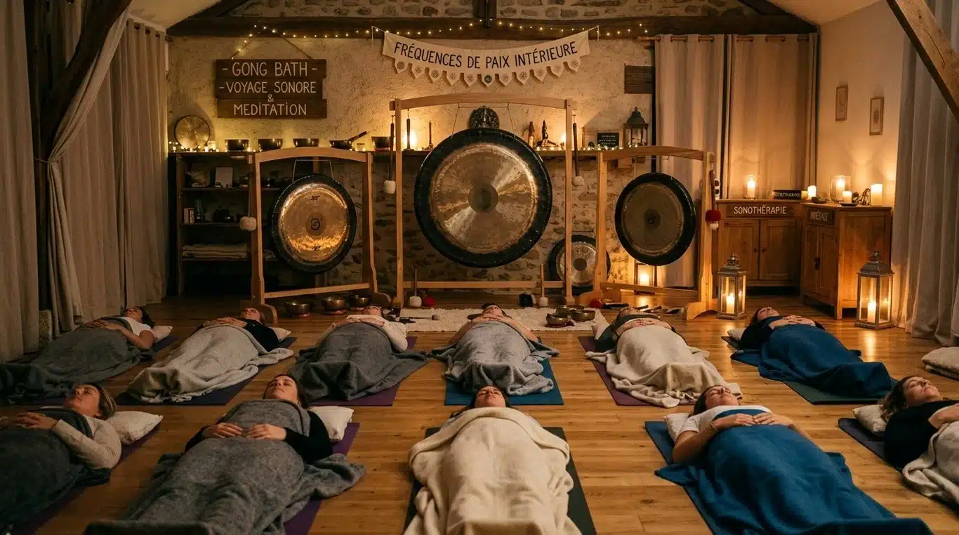 Ambiance d'une séance de bain de gong avec participants allongés et gongs en arrière-plan
