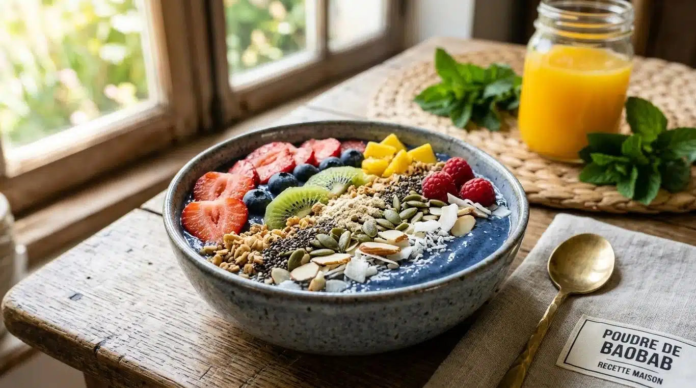 Bol de smoothie sain saupoudré de poudre de baobab