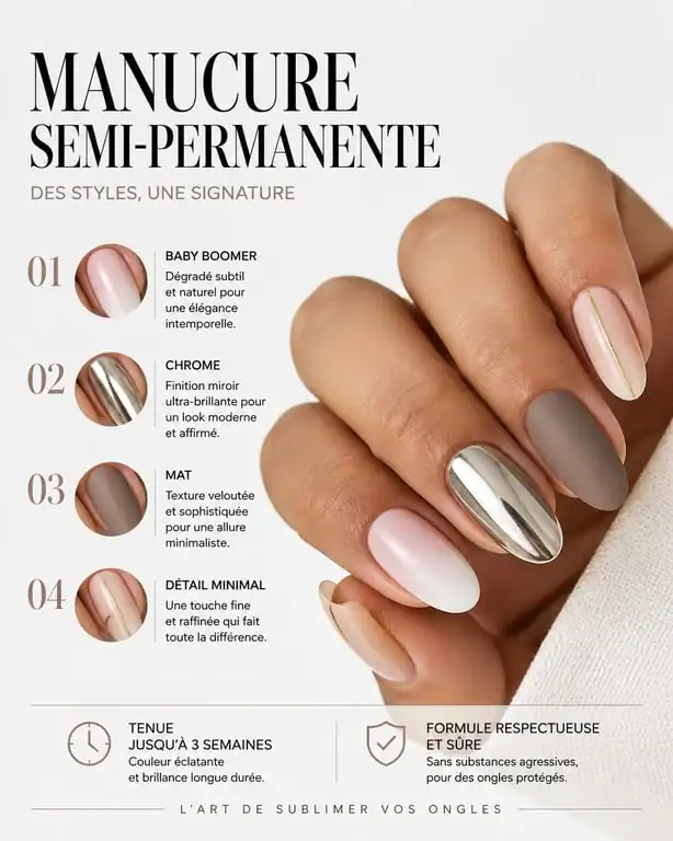 Exemples de modèles de vernis semi-permanent : Baby Boomer, chrome et mat