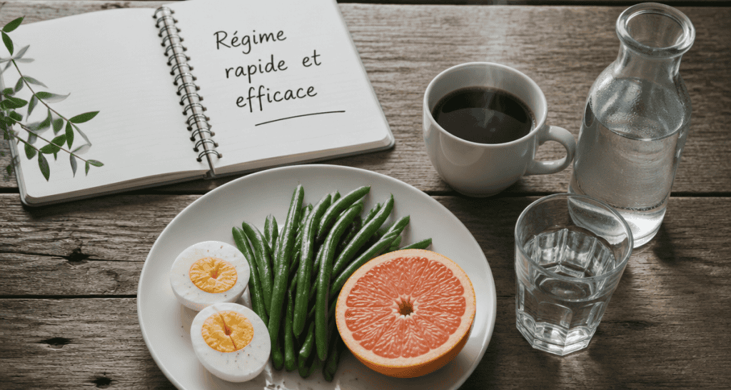 assiette régime rapide et efficace œufs haricots verts pamplemousse