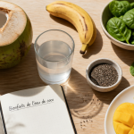Bienfait de l eau de coco jeune sur table avec fruits et graines