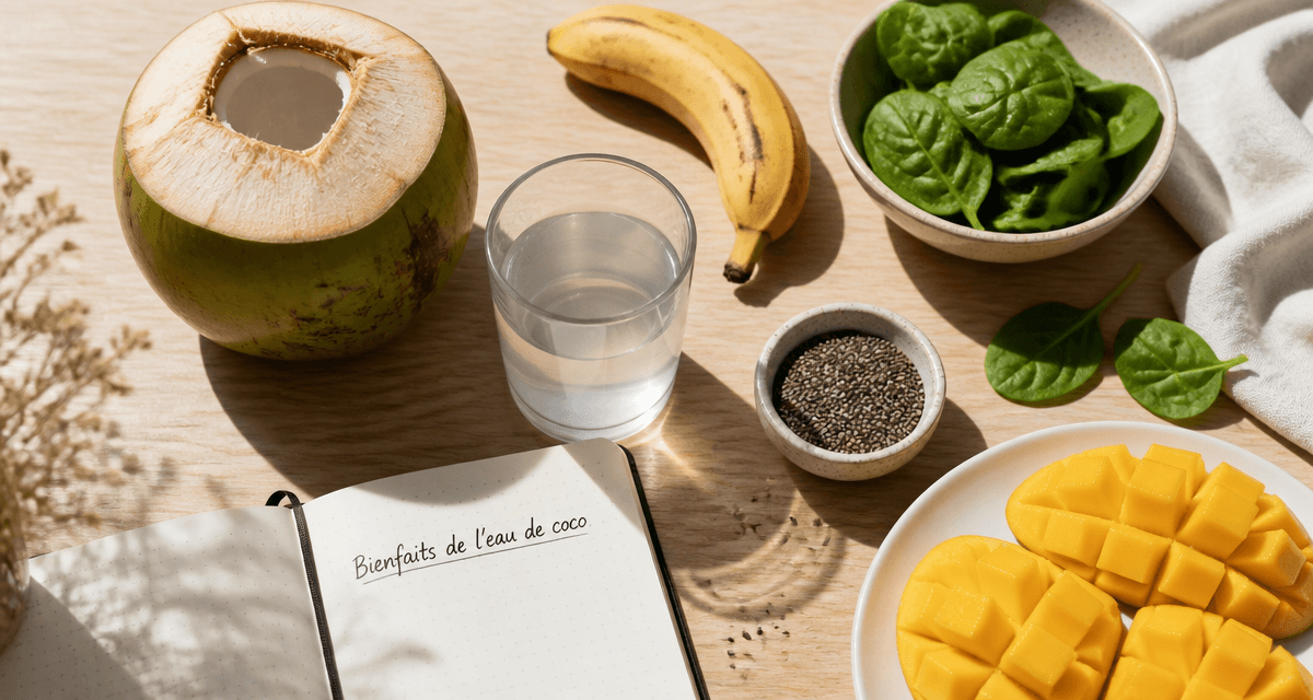 Bienfait de l eau de coco jeune sur table avec fruits et graines