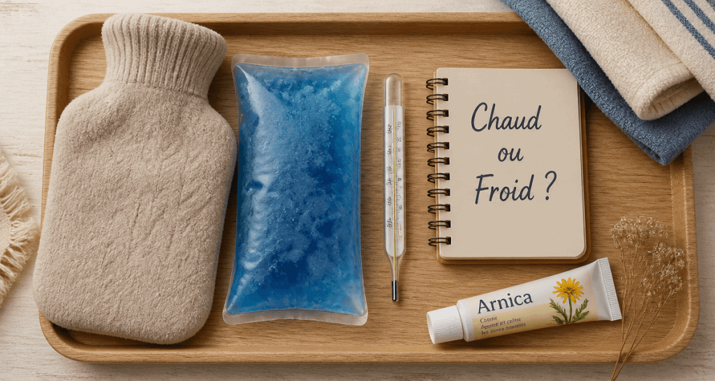 Chaud ou froid pour mal de dos, objets sur table