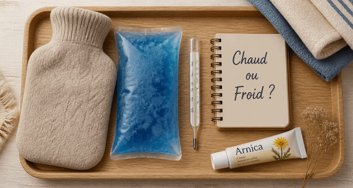 Chaud ou froid pour mal de dos, objets sur table