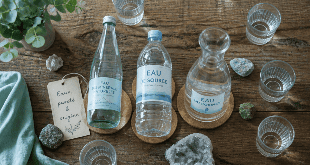 eau minerale ou eau de source bouteilles sur table
