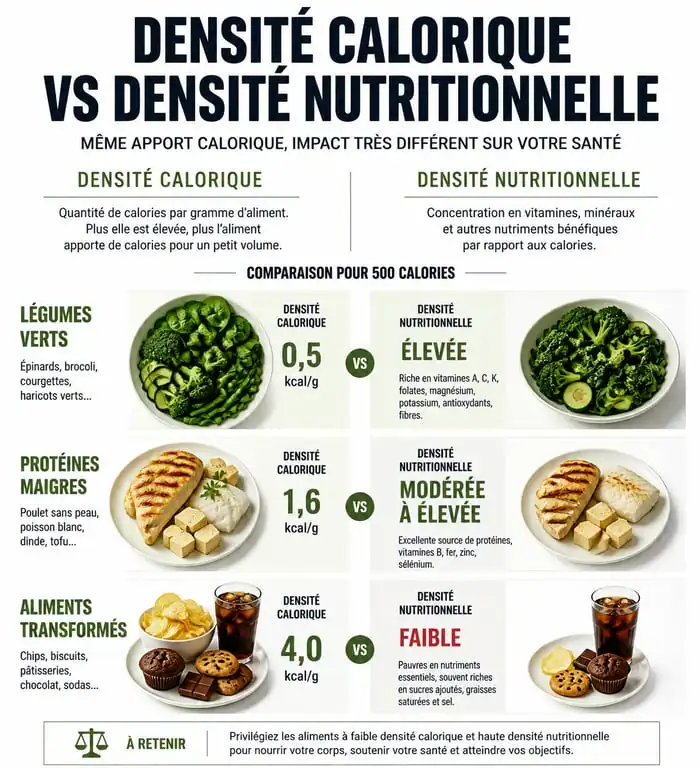 Infographie comparant la densité calorique et nutritionnelle pour la perte de poids