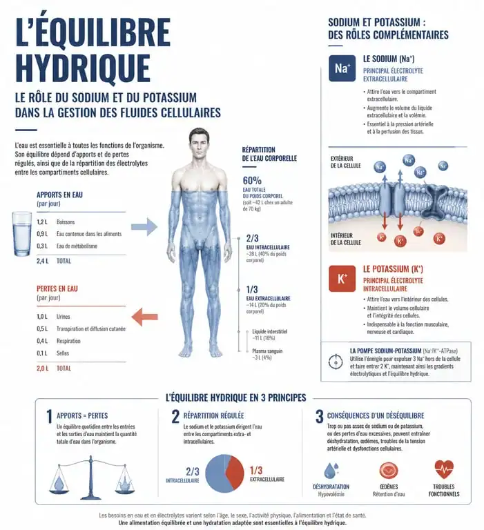 Infographie expliquant l'excès d'eau dans le corps et l'équilibre sodium-potassium