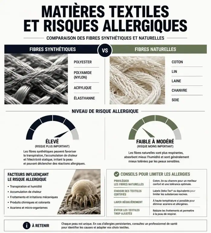 Infographie comparative des risques allergiques selon les matières textiles pour les peaux sensibles