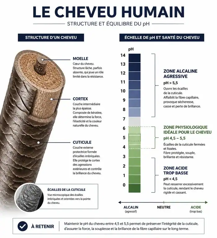 Schéma de la structure du cheveu et échelle de pH pour choisir son shampoing