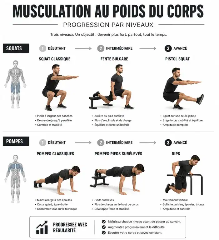 Infographie de progression musculation poids du corps montrant les exercices de base et leurs variantes