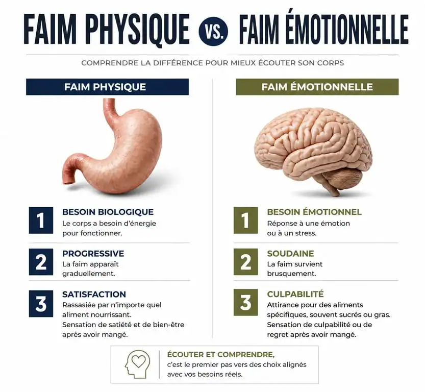 Infographie comparative entre la faim physique et la faim émotionnelle pour mieux comprendre comment arrêter de manger par impulsion