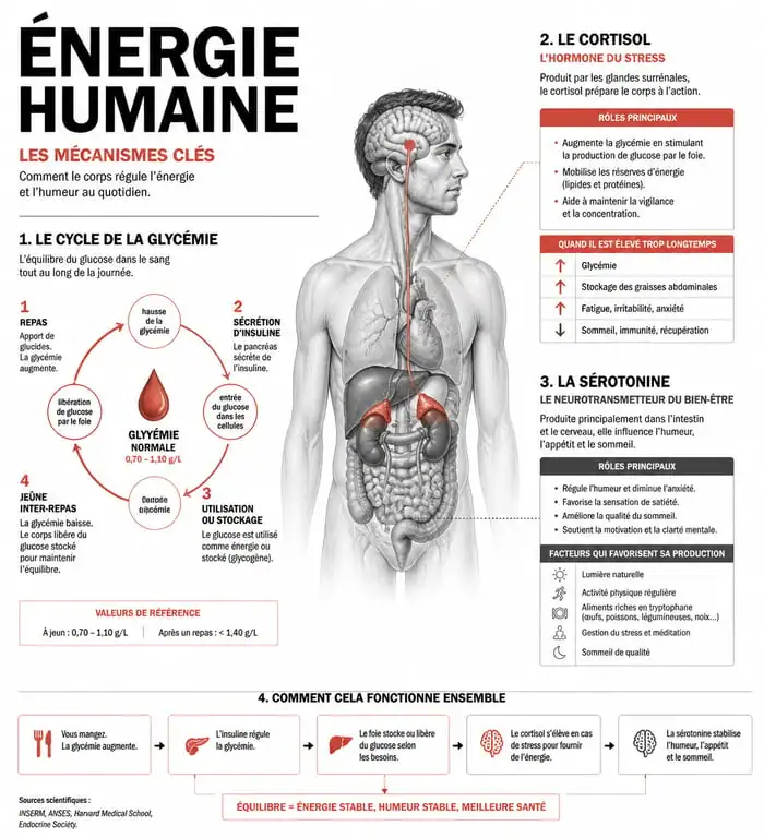 Infographie expliquant comment avoir de l'énergie rapidement via la régulation de la glycémie et des hormones.