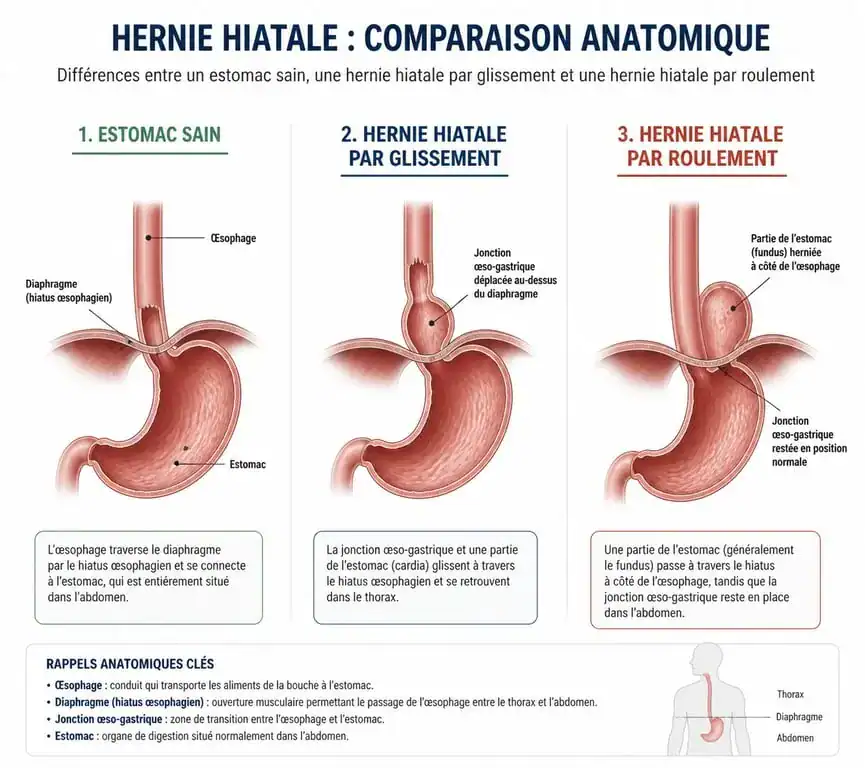 Schéma anatomique comparatif d'une hernie hiatale par glissement et par roulement pour comprendre l'évolution de la pathologie