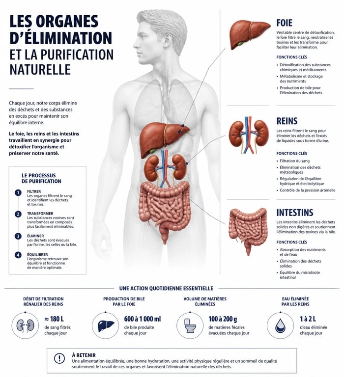 Schéma explicatif des organes d'élimination du corps humain dans le cadre d'une démarche cleanse