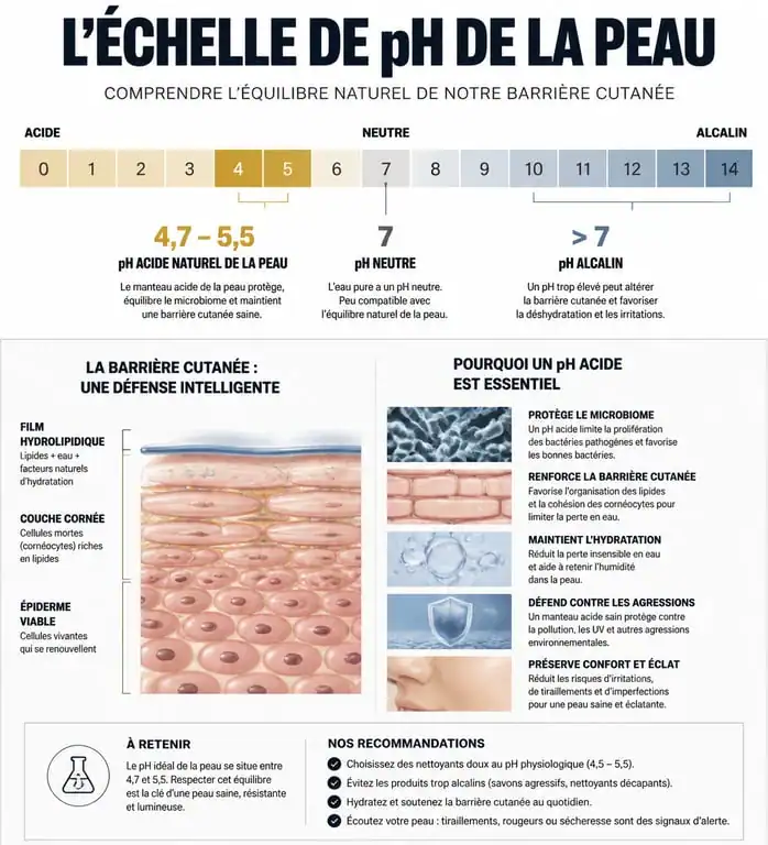 Infographie explicative du pH de la peau et de l'importance du meilleur gel douche pH neutre pour la barrière cutanée