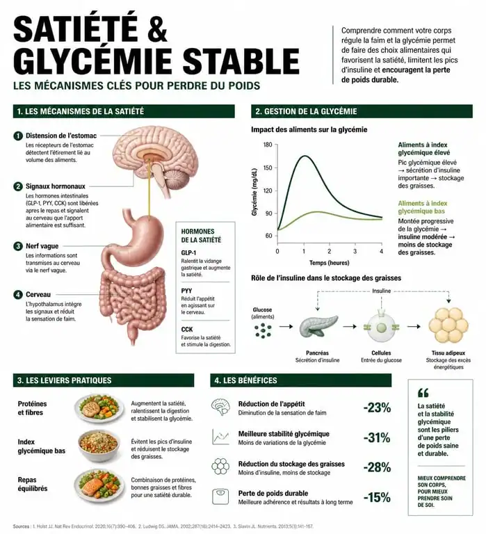 Infographie sur les mécanismes biologiques de la satiété et de la gestion de la glycémie pour maigrir sans régime