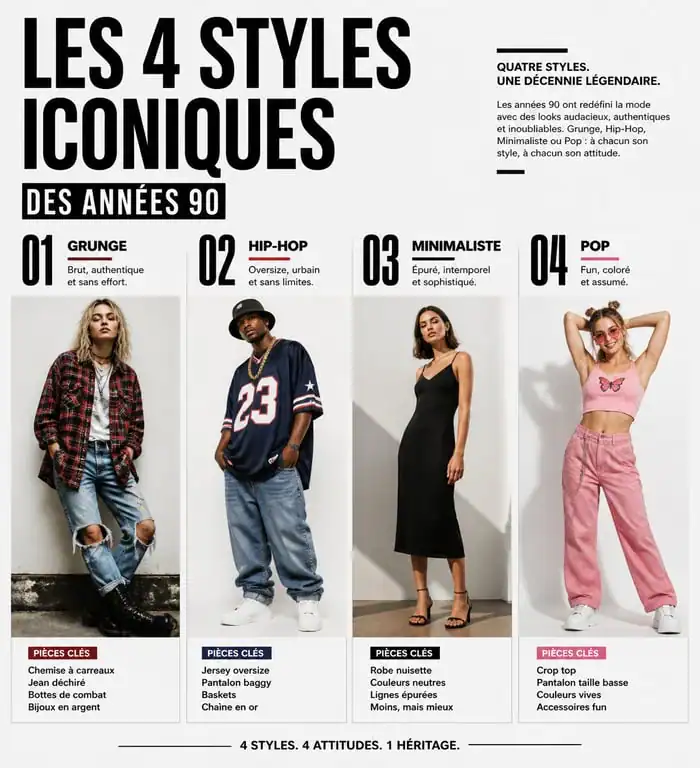 Exemples de tenues mode années 90 : styles grunge, hip-hop, minimaliste et pop