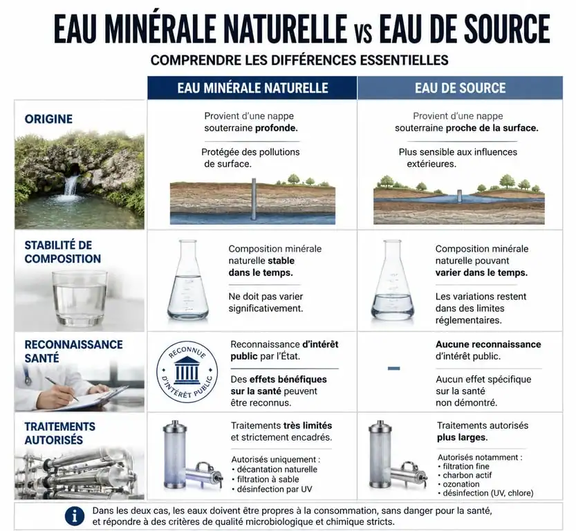 Infographie comparative : différences entre eau minérale naturelle et eau de source