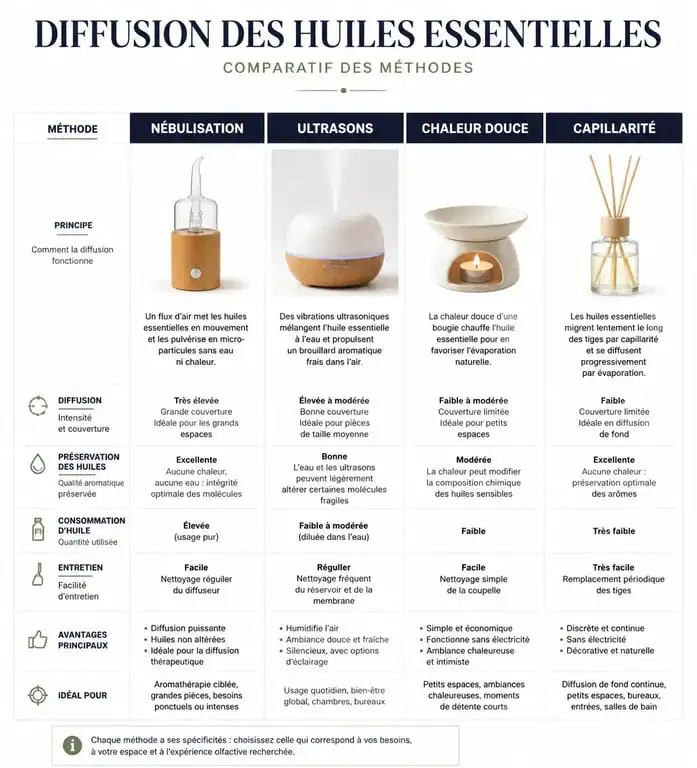 Infographie comparative des méthodes de diffusion d'huiles essentielles pour bien diffuser ses huiles à la maison