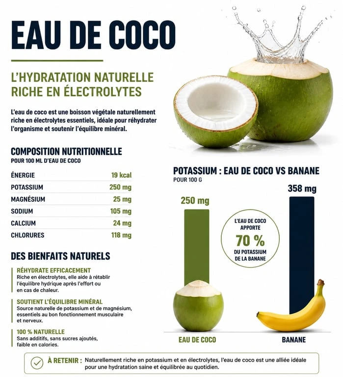 Infographie des bienfaits de l'eau de coco pour la santé et la récupération sportive
