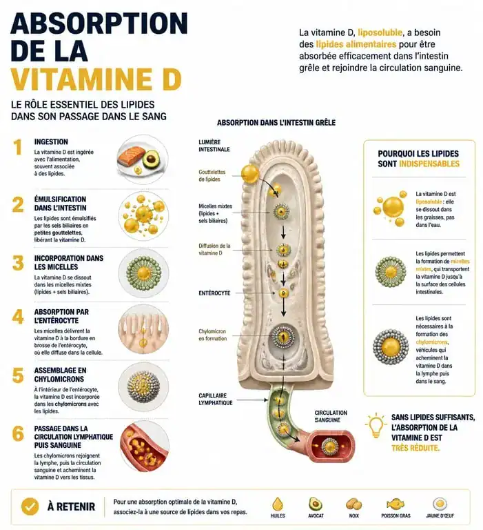 Schéma explicatif de l'absorption de la vitamine D avec des lipides pour optimiser la supplémentation