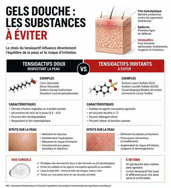 Infographie des ingrédients à éviter dans les gels douche pour une meilleure santé cutanée
