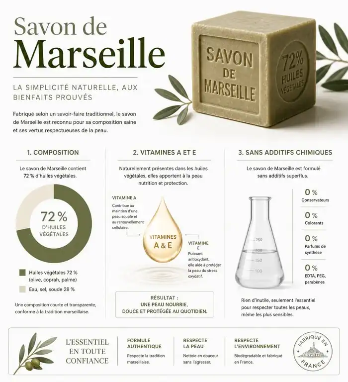 Infographie sur les bienfaits et la composition naturelle du savon de Marseille