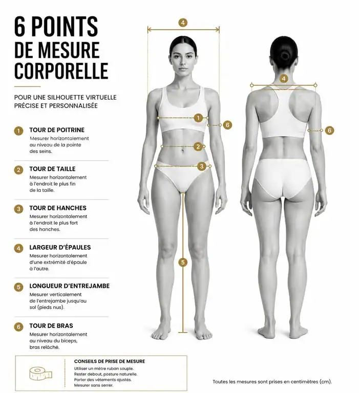 Schéma des points de mesure pour créer sa silhouette virtuelle et ses mensurations