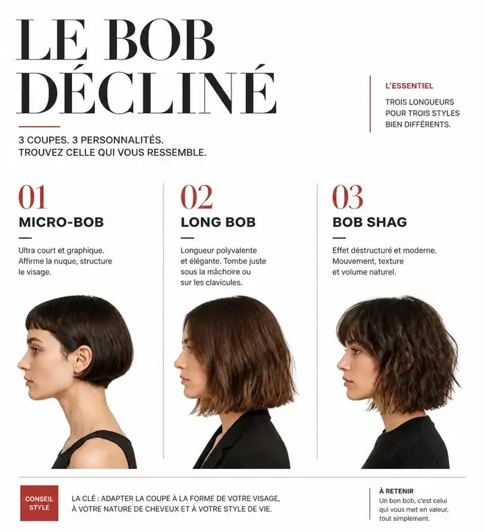 Différentes tendances de coupe carré femme : micro-bob, lob et carré shag