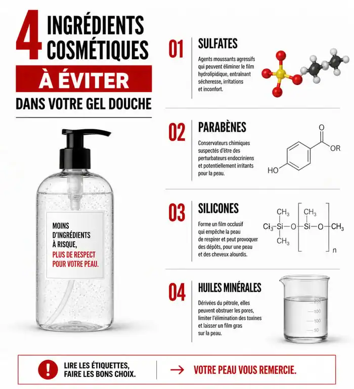 Infographie des 4 ingrédients chimiques à éviter dans le meilleur gel douche sans produits chimiques pour protéger sa peau.