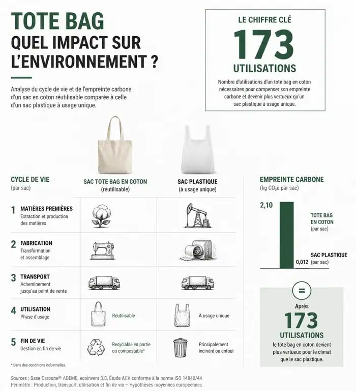 Infographie sur l'impact écologique et le cycle de vie d'un tote bag en coton