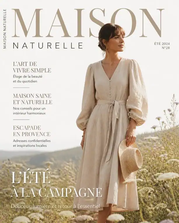 Femme portant une tenue champêtre élégante avec une robe en lin dans une prairie fleurie