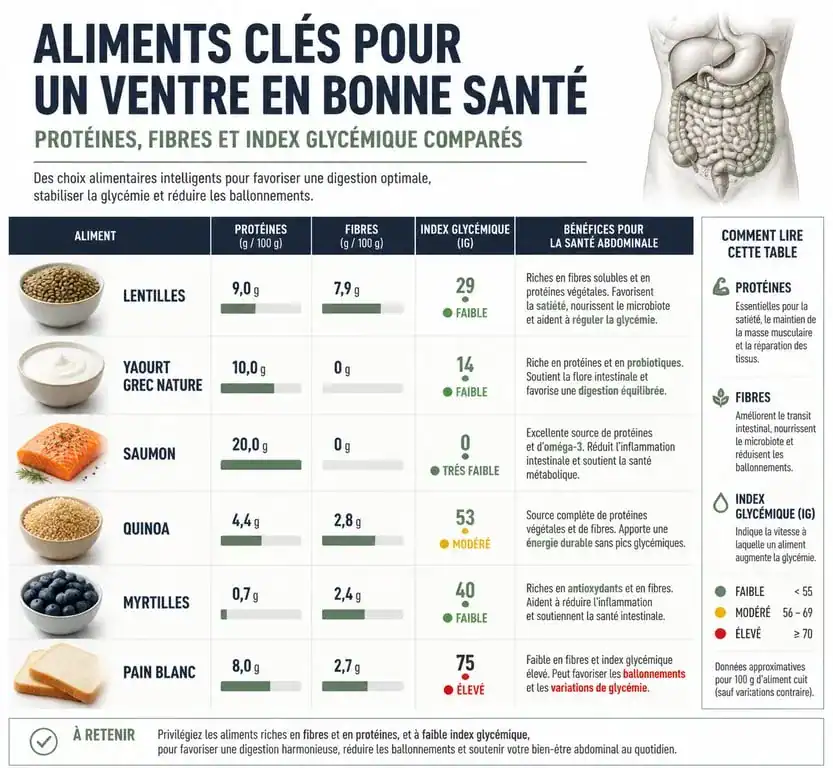 Infographie des bienfaits nutritionnels des aliments pour perdre le ventre et réduire la graisse abdominale