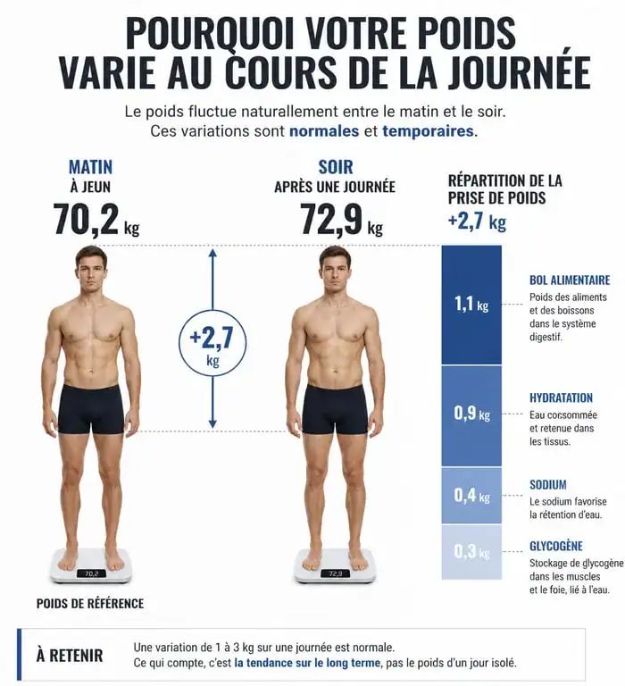 Infographie expliquant les variations de poids entre le matin et le soir et les facteurs comme l'hydratation et la digestion