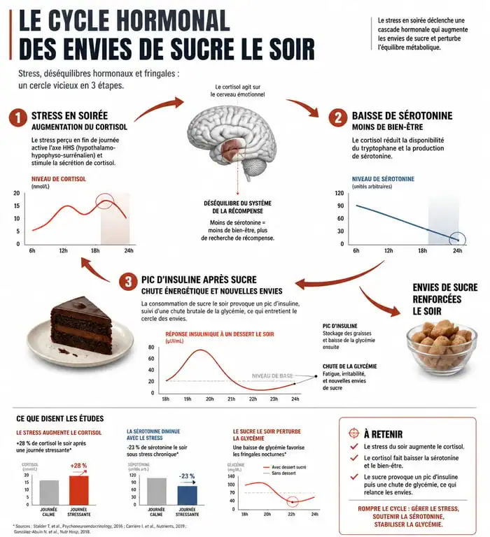Infographie sur le mécanisme biologique des envies de sucre le soir et le rôle des hormones