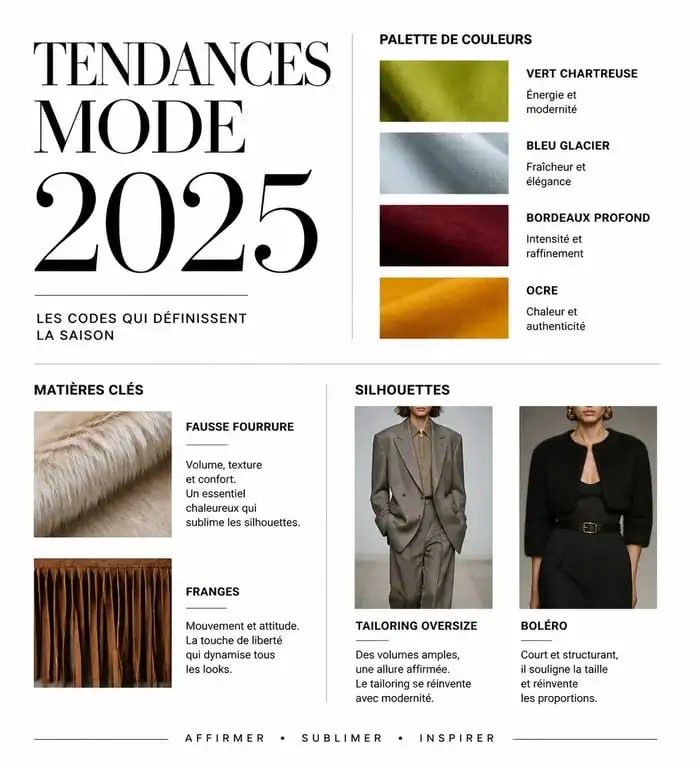 Infographie des tendances mode 2025 : couleurs, matières et silhouettes incontournables