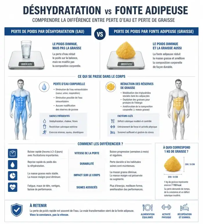 Infographie expliquant pourquoi la diarrhée entraîne une perte d'eau et non une perte de graisse corporelle