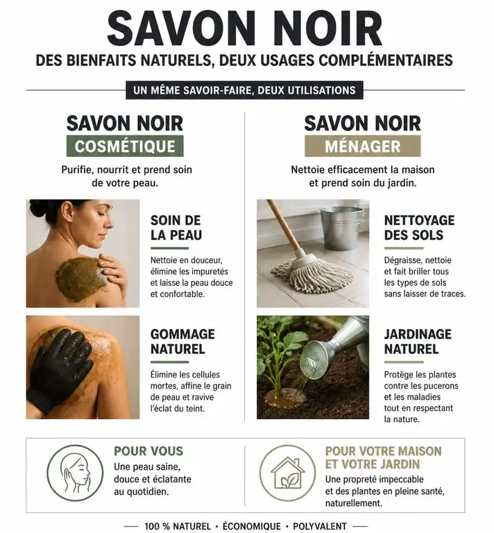 Infographie comparative des bienfaits du savon noir cosmétique et ménager